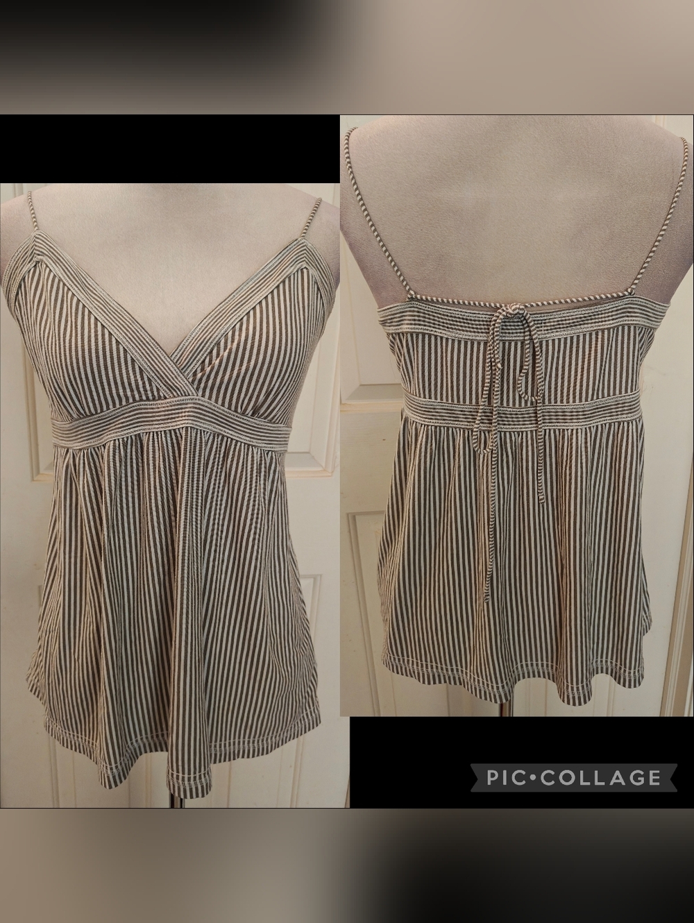 Y2K American Eagle Striped Babydoll Tank Top w Empire Waist & Tie Back.